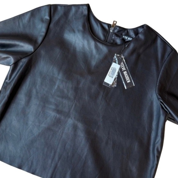 Steve Madden Tops - Steve Madden Black Faux Leather Short Sleeve Zipper Top Womens Size S